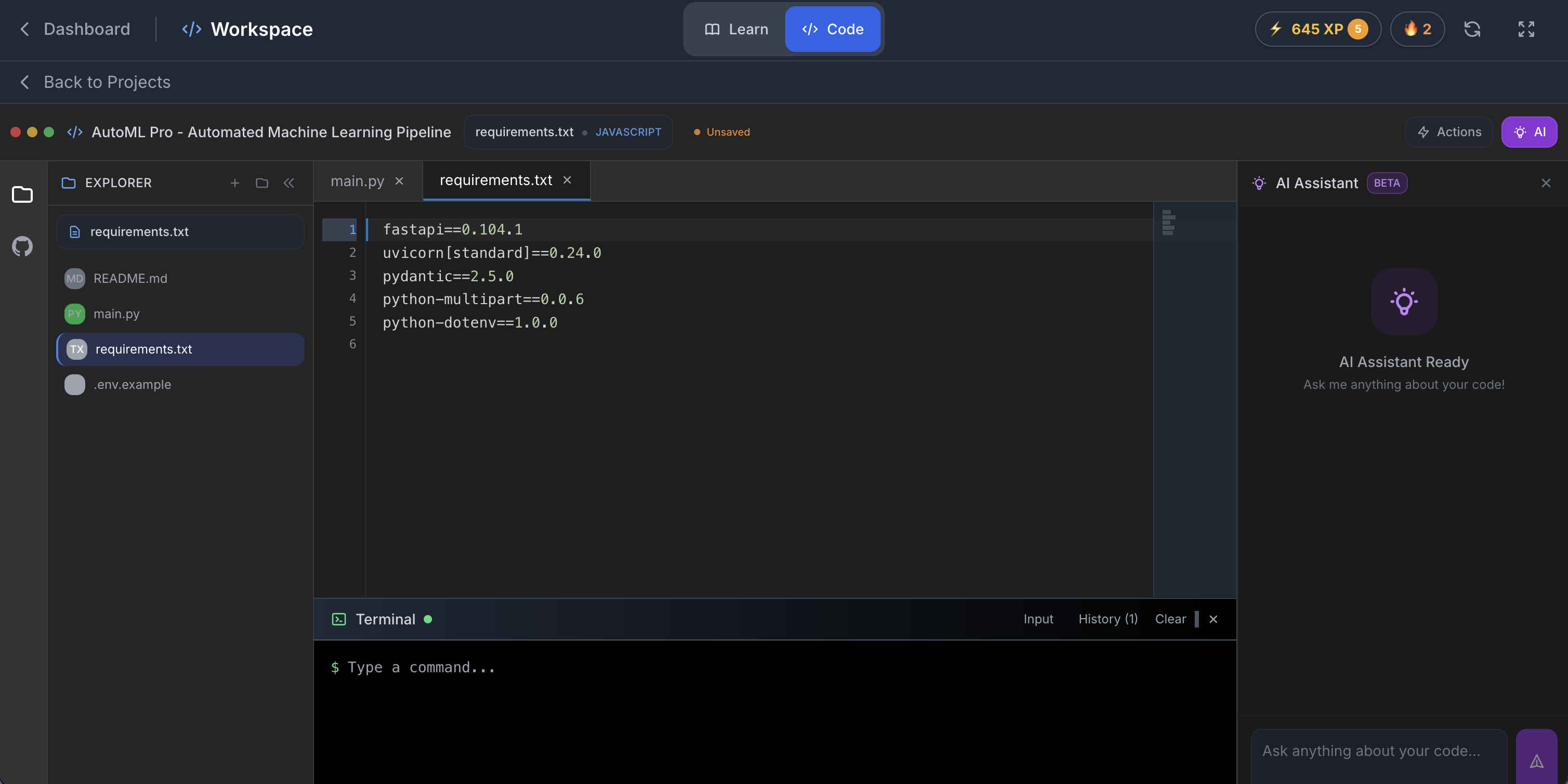 Traquiva Workspace - Professional browser-based IDE with file explorer, terminal, and AI Assistant